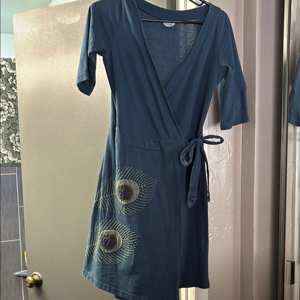 Synergy - M- Blue Wrap Dress with Embroidered Peacock Feather Design